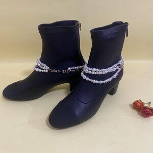 Chanel Black Ankle Boots with Pearl Chain